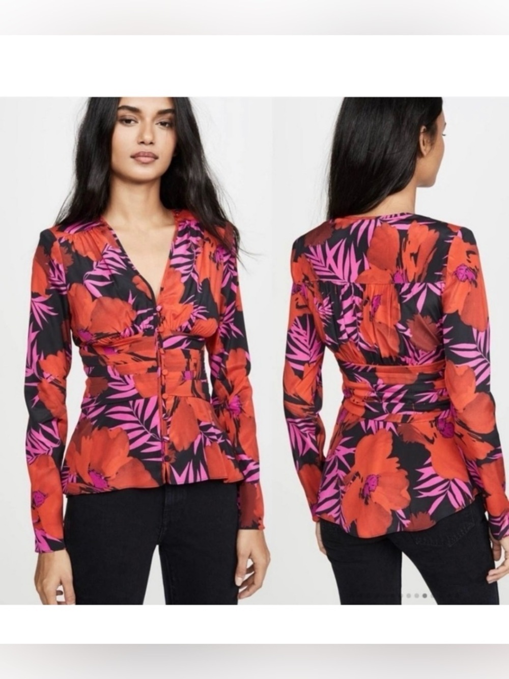 Veronica Beard Red Floral Pevero Silk Button Front Long Sleeve Blouse Flower